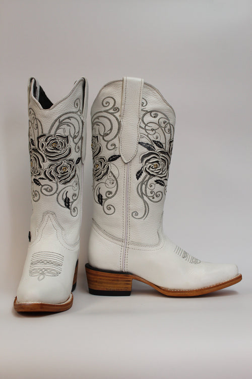 Cuatrero Boots Women's Cowgirl Lazer Roses White